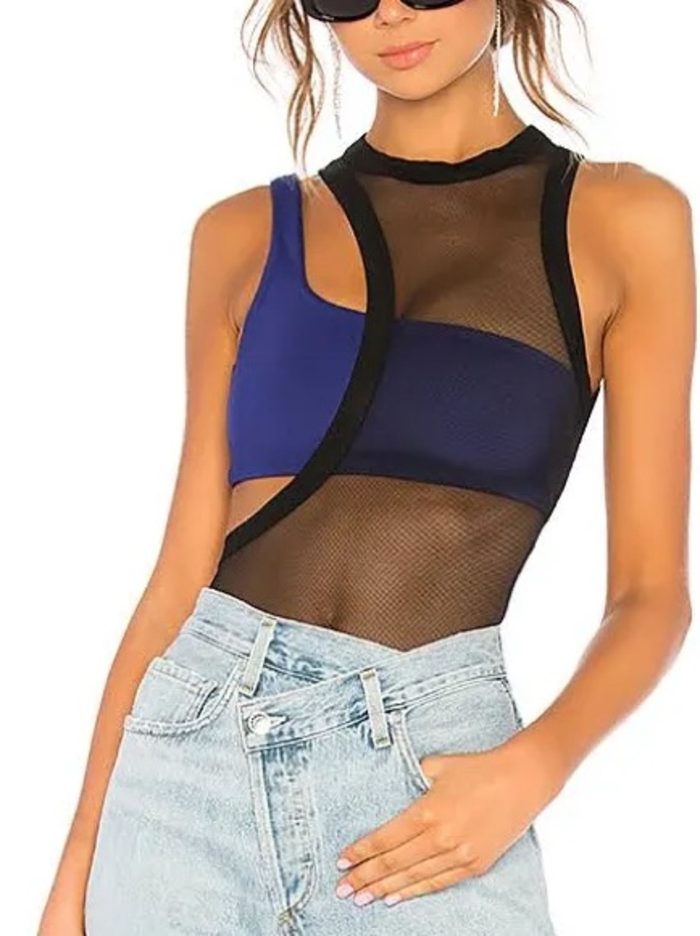 H:ours Sheer Mesh Panel Navy Black Women’s Tank Top